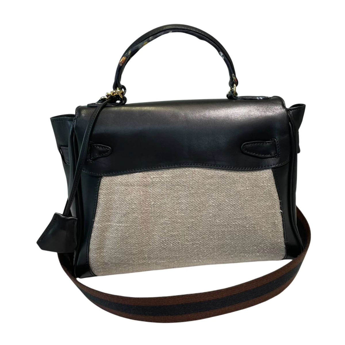 25AWCowhide leather and linen combination handbagハンドバッグUC2E1B02 - Image 2
