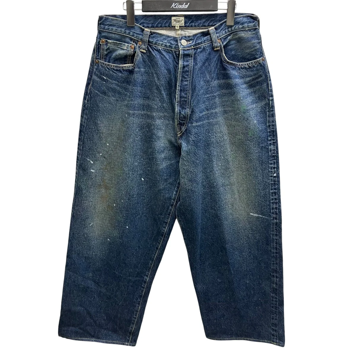 RECYCLED WASTE SUVIN COTTON YARN 14oz DENIM 5POCKET WIDE PANTS VINTAGE WASHED ペイント加工ワイドデニムパンツ