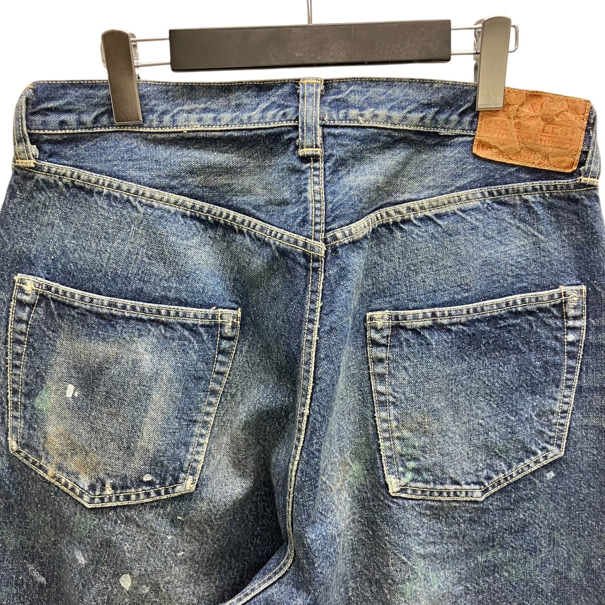 RECYCLED WASTE SUVIN COTTON YARN 14oz DENIM 5POCKET WIDE PANTS VINTAGE WASHED ペイント加工ワイドデニムパンツ - Image 4