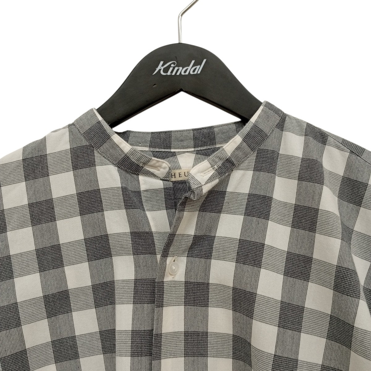 MORISS コットンブロックチェックバンドカラーチェックノーカラーシャツSHIRT 076 - Image 5