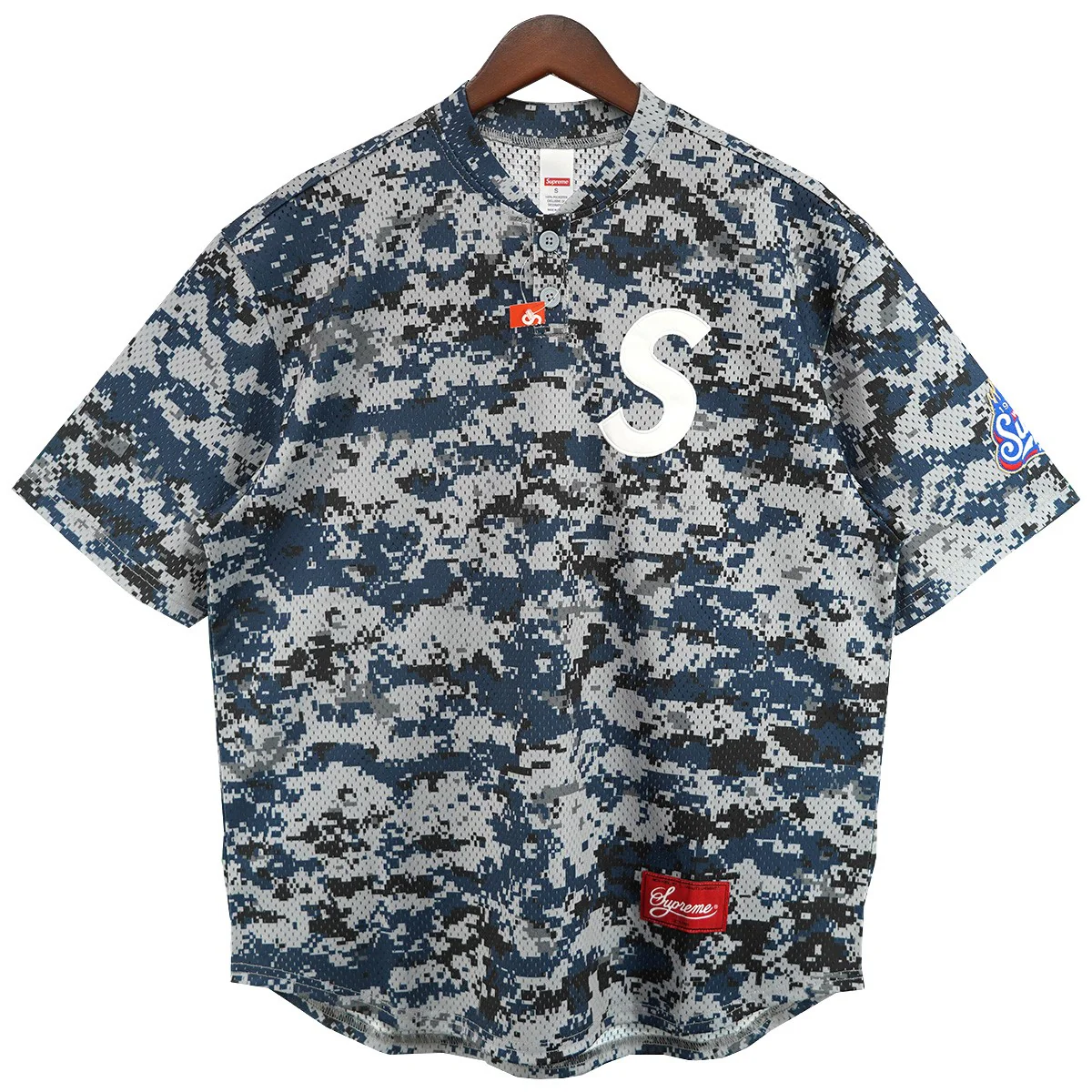 25SS S Logo Baseball Henley Digi Camoエス ロゴ ベースボール ヘンリー ネック メッシュ Tシャツ
