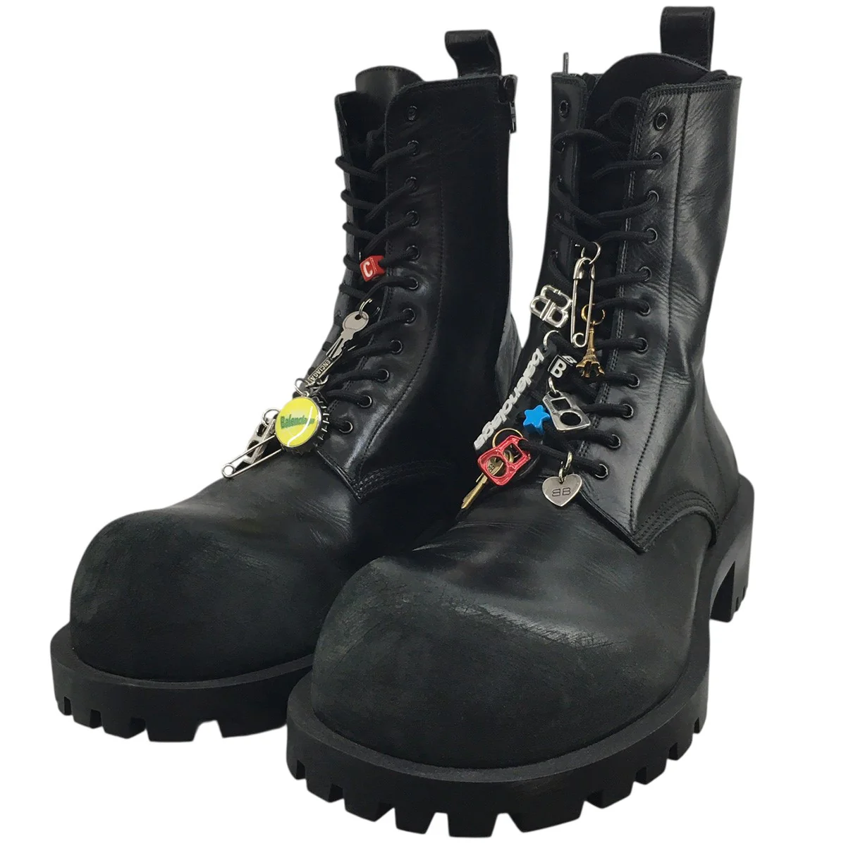デムナ期 24AW Hummer Lace-Up Bootie チャーム付きVintage ヴィンテージ加工 ボリュームソール ハマー サイドジップ レザー ブーツ 靴