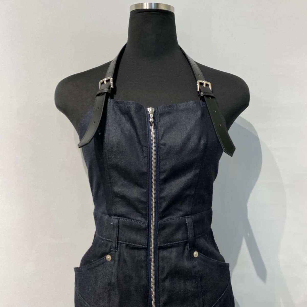 Organic Cotton Denim DressデニムZIPアームレザーベルトオールインワンドレスワンピーススカート - Image 5