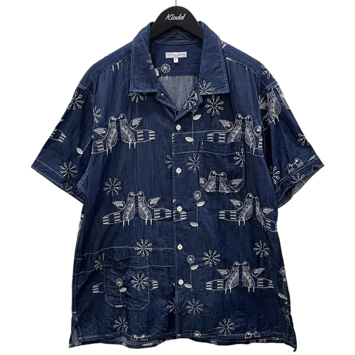 22SS オープンカラー刺繍半袖デニムシャツ Camp Shirt - Bird Embroidery Denim キャンプシャツ バードエンブロイダリー デニム KM028