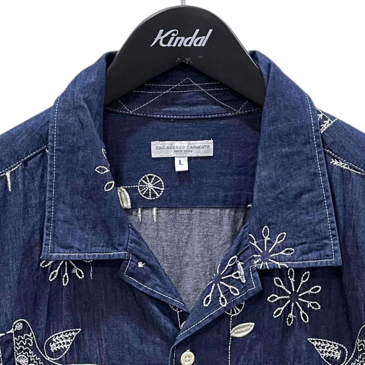 22SS オープンカラー刺繍半袖デニムシャツ Camp Shirt - Bird Embroidery Denim キャンプシャツ バードエンブロイダリー デニム KM028 - Image 3